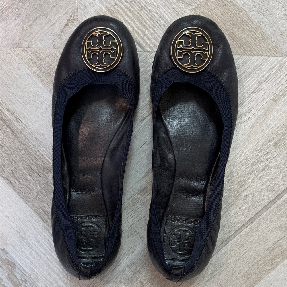 Tory Burch Navy Leather Ballet Flats with Gold Logo